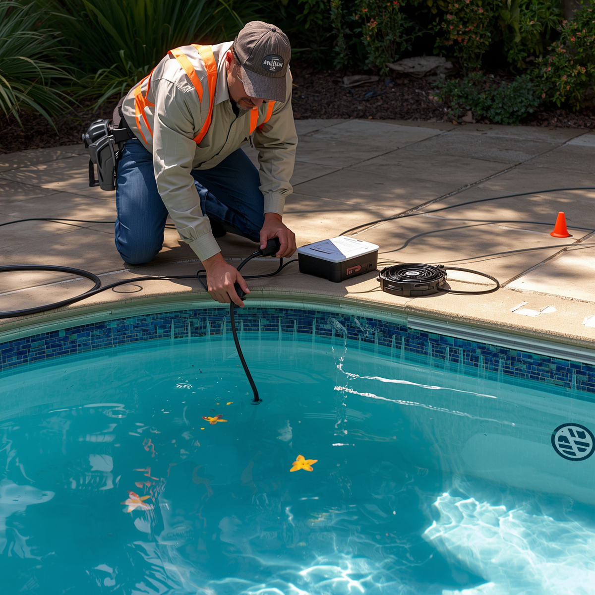 كشف تسربات المسابح بجدة بدون تكسير - فريق أكوا جدة أثناء العمل